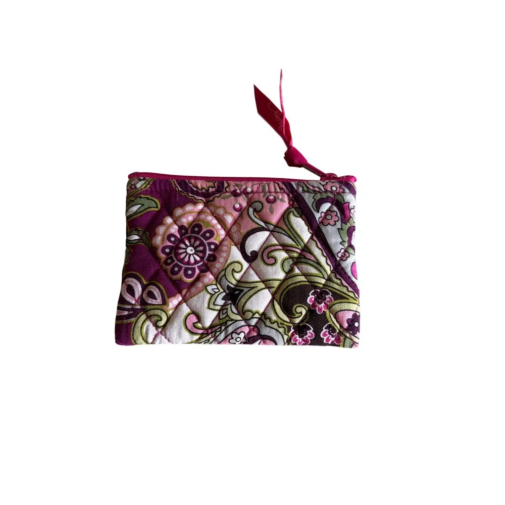 Vera Bradley Coin Purse Pink Purple Paisley Quilted Floral Zip Pouch Ribbon Pull